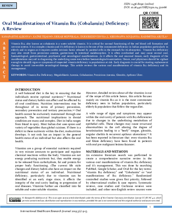 (PDF) Oral Manifestations of Vitamin B12 (Cobalamin) Deficiency A