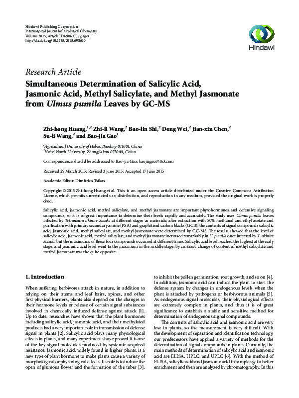 (PDF) Simultaneous Determination of Salicylic Acid, Jasmonic Acid ...