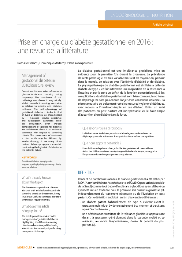 (PDF) Prise en charge du diabète gestationnel en 2016 : une revue de la ...