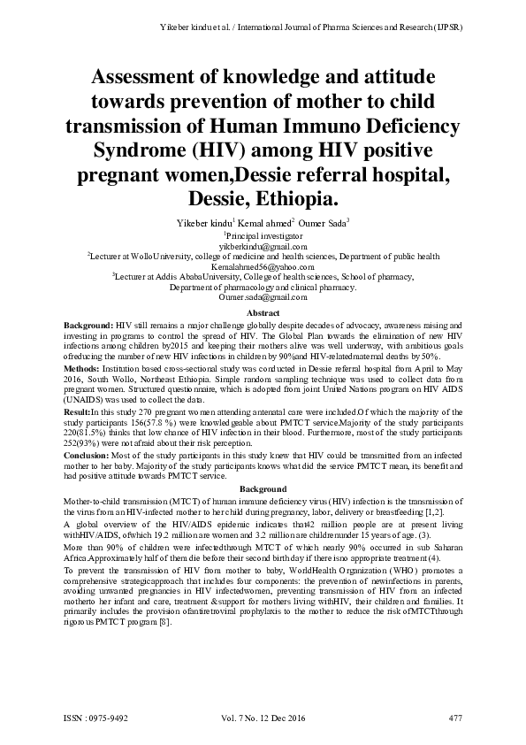 (PDF) Assessment of knowledge and attitude towards prevention of mother ...