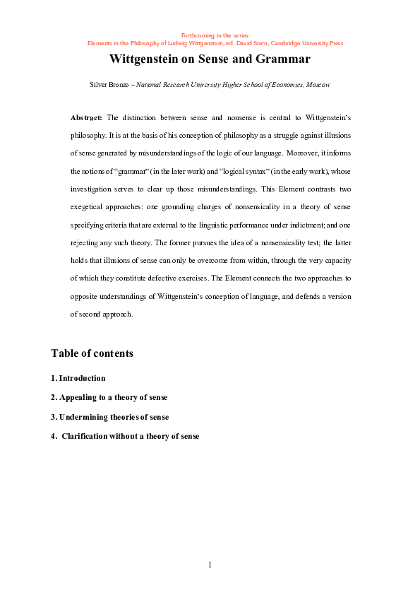  PDF Wittgenstein On Sense And Grammar Silver Bronzo Academia edu