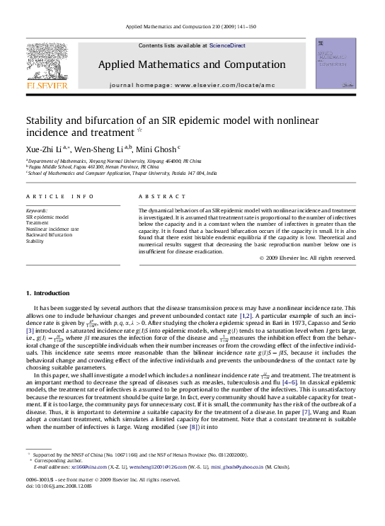 (PDF) Stability and bifurcation of an SIR epidemic model with nonlinear ...