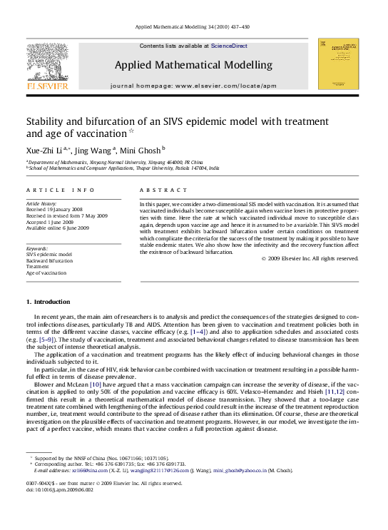 (PDF) Stability and bifurcation of an SIVS epidemic model with ...