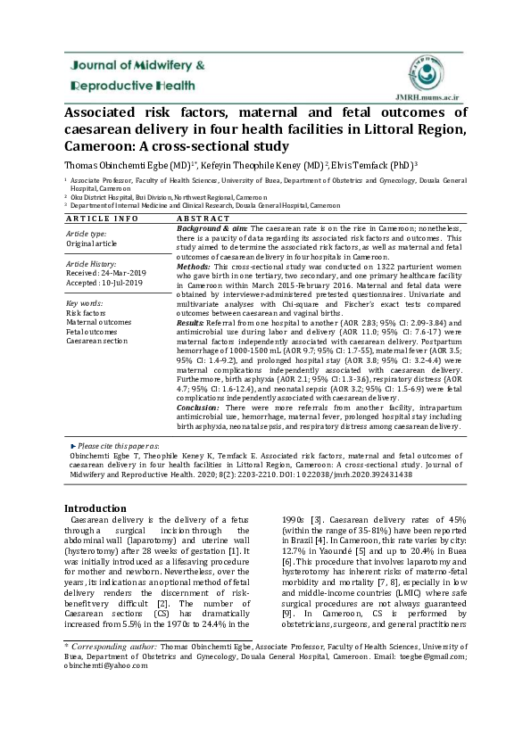 (PDF) Associated risk factors, maternal and fetal outcomes of caesarean ...