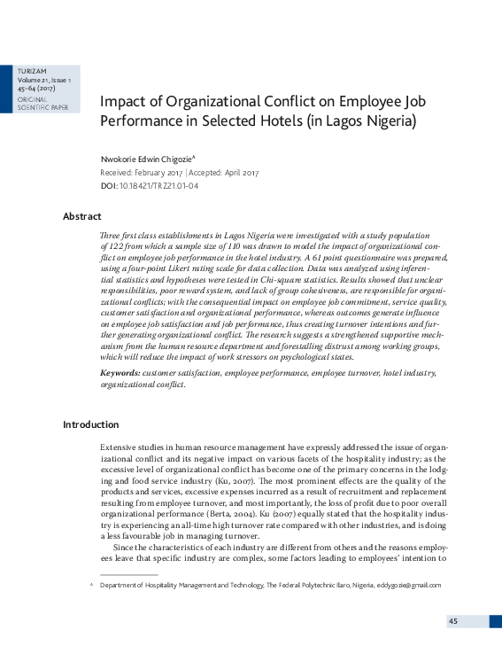 (PDF) Impact of organizational conflict on employee job performance in ...
