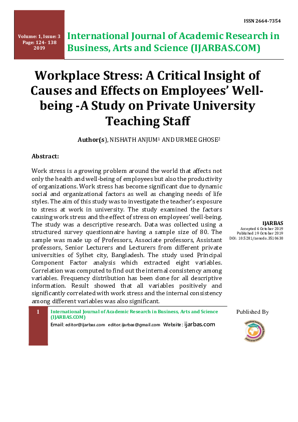 (PDF) Workplace Stress - A Critical Insight of Causes and Effects on ...
