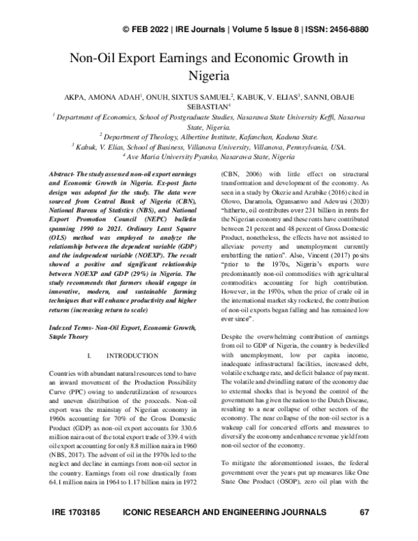 (PDF) Non-Oil Export Earnings and Economic Growth in Nigeria