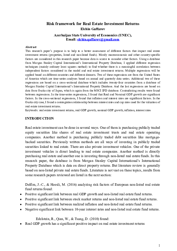 (DOC) Risk framework for Real Estate Investment Returns