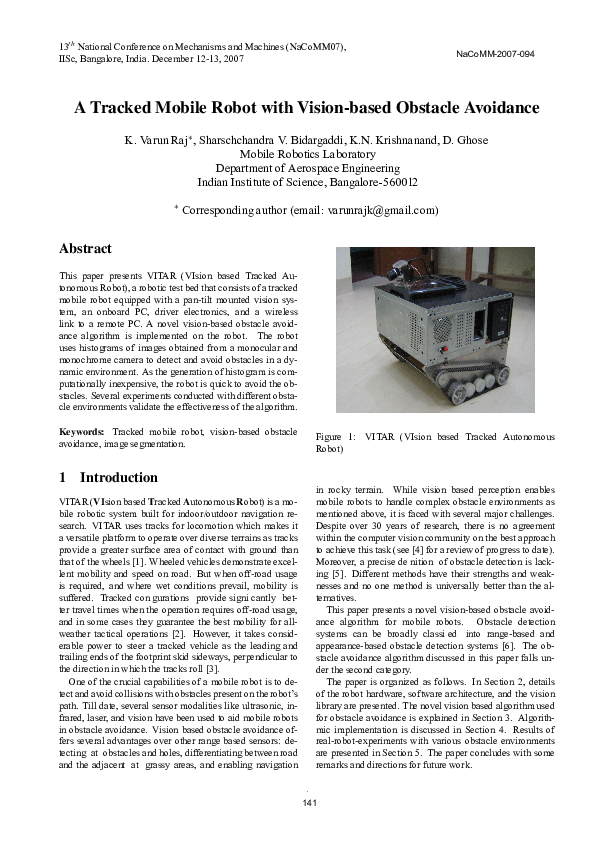 (PDF) A Tracked Mobile Robot with Vision-based Obstacle Avoidance