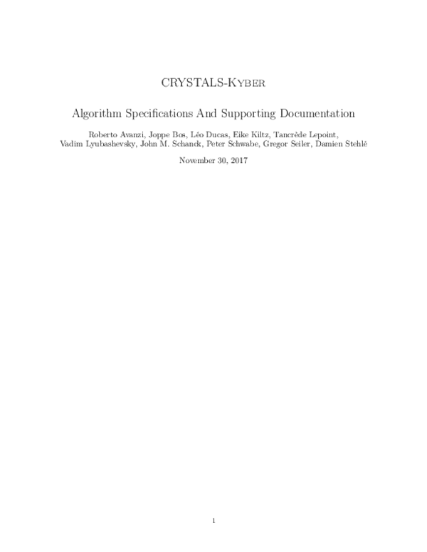 (PDF) CRYSTALS-Kyber Algorithm Specifications And Supporting Documentation