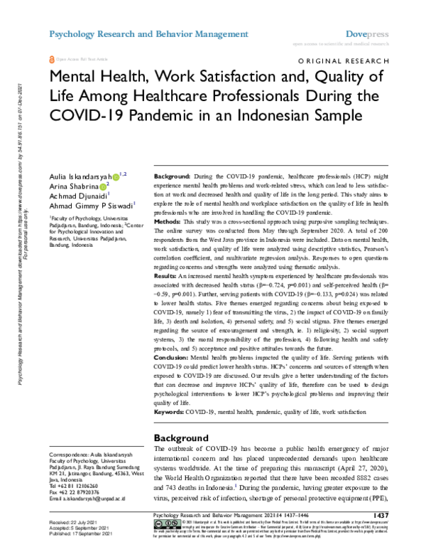 (PDF) Mental Health, Work Satisfaction and, Quality of Life Among ...