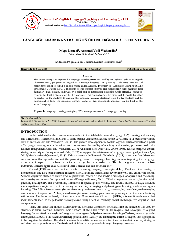 (PDF) Language Learning Strategies of Undergraduate Efl Students