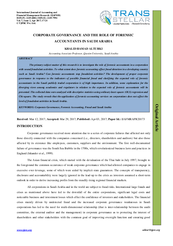 (PDF) CORPORATE GOVERNANCE AND THE ROLE OF FORENSIC ACCOUNTANTS IN ...