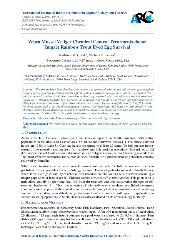 (PDF) Zebra Mussel Veliger Chemical Control Treatments do not Impact