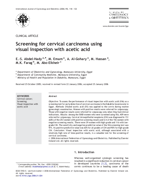 (PDF) Screening for cervical carcinoma using visual inspection with