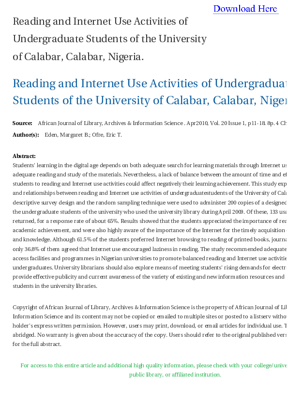 (PDF) Reading and Internet Use Activities of Undergraduate Students of ...
