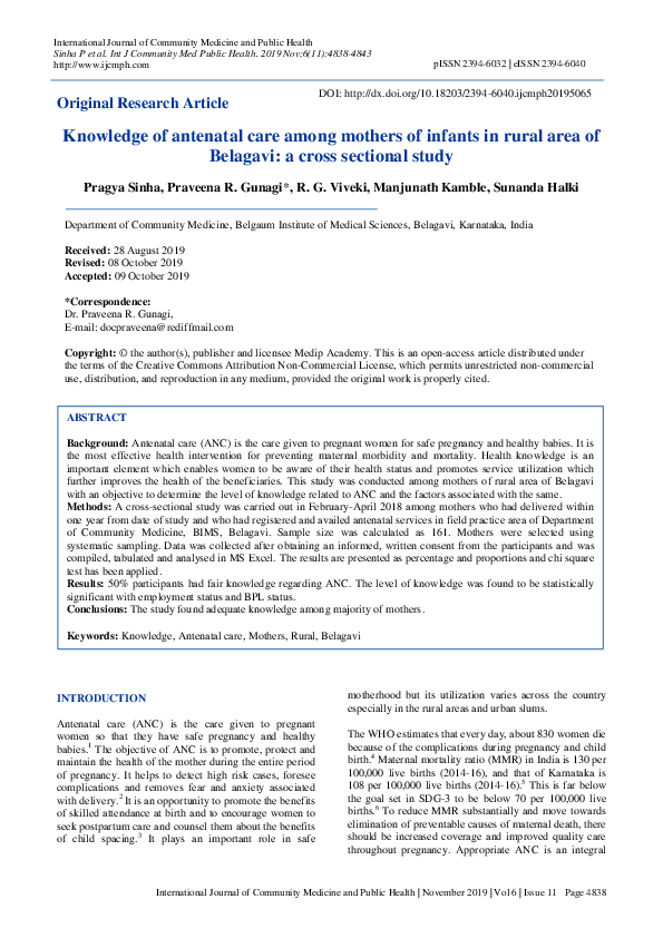 (PDF) Knowledge of antenatal care among mothers of infants in rural ...