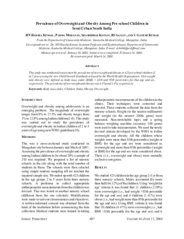 (PDF) Prevalence of overweight and obesity among preschool children in ...