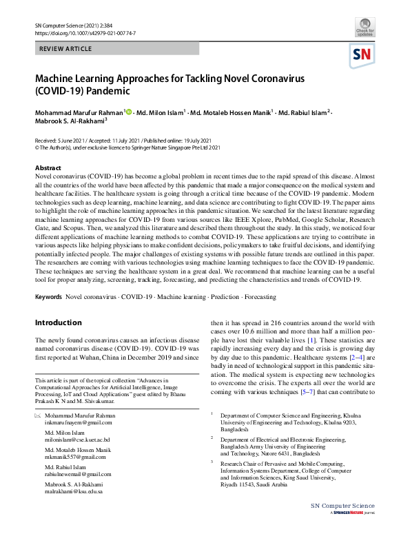(PDF) Machine Learning Approaches for Tackling Novel Coronavirus (COVID ...