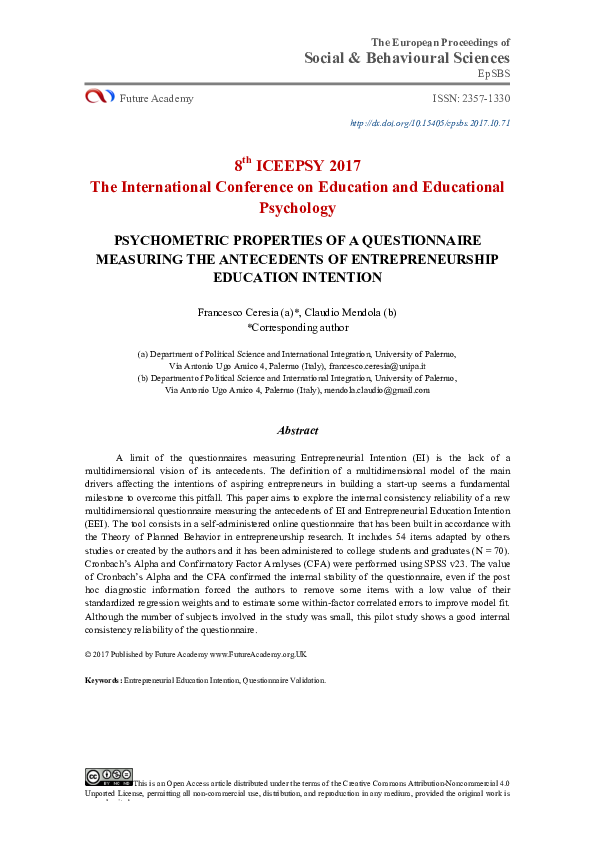 (PDF) Psychometric Properties Of A Questionnaire Measuring The ...