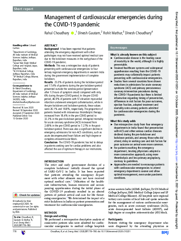 (PDF) Management of cardiovascular emergencies during the COVID-19 pandemic