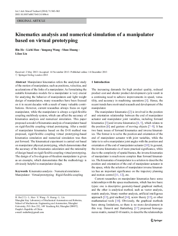 (PDF) Kinematics analysis and numerical simulation of a manipulator ...