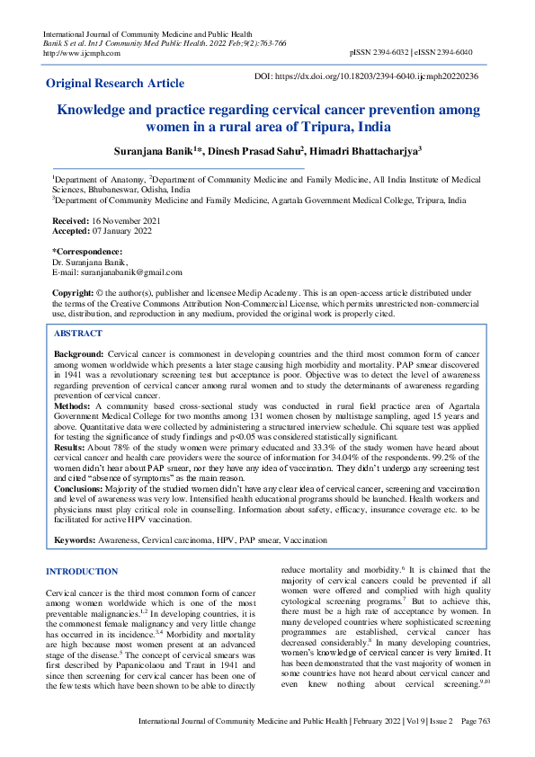 (PDF) Knowledge and practice regarding cervical cancer prevention among ...
