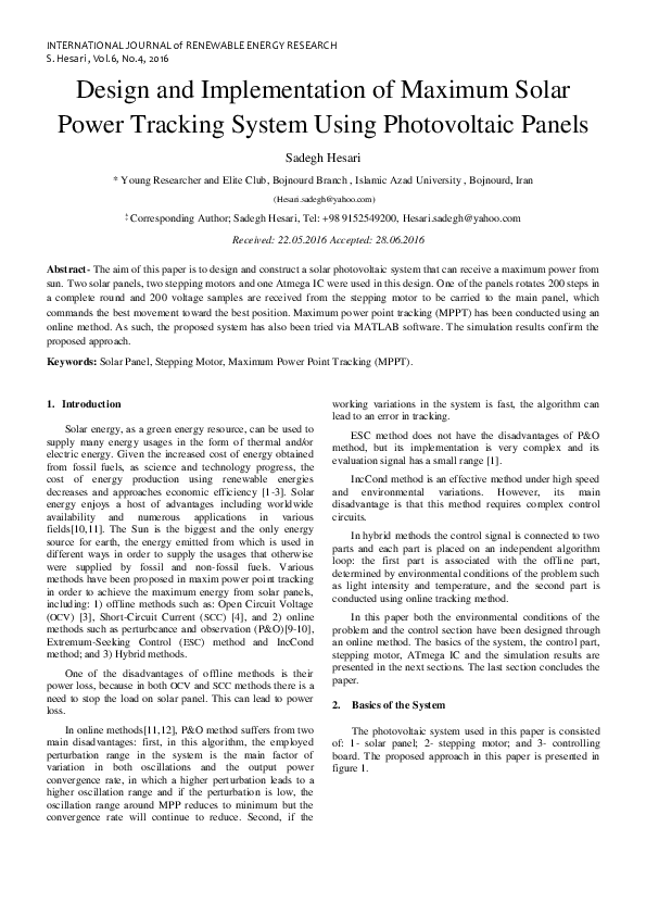 (PDF) Design And Implementation Of Maximum Solar Power Tracking System ...