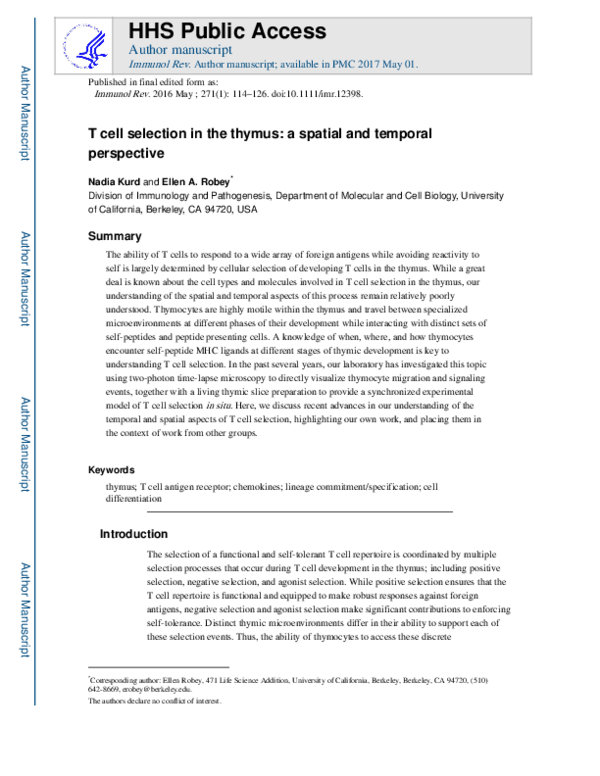 (PDF) T-cell selection in the thymus: a spatial and temporal perspective
