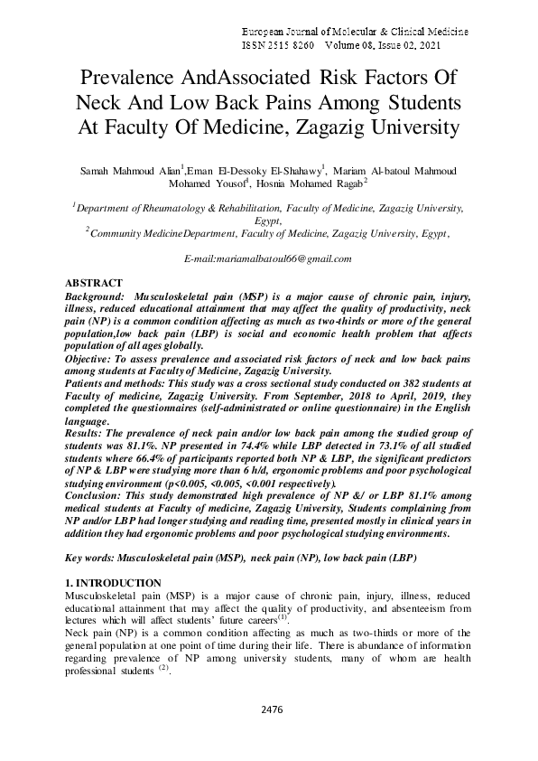 (PDF) Prevalence AndAssociated Risk Factors Of Neck And Low Back Pains ...