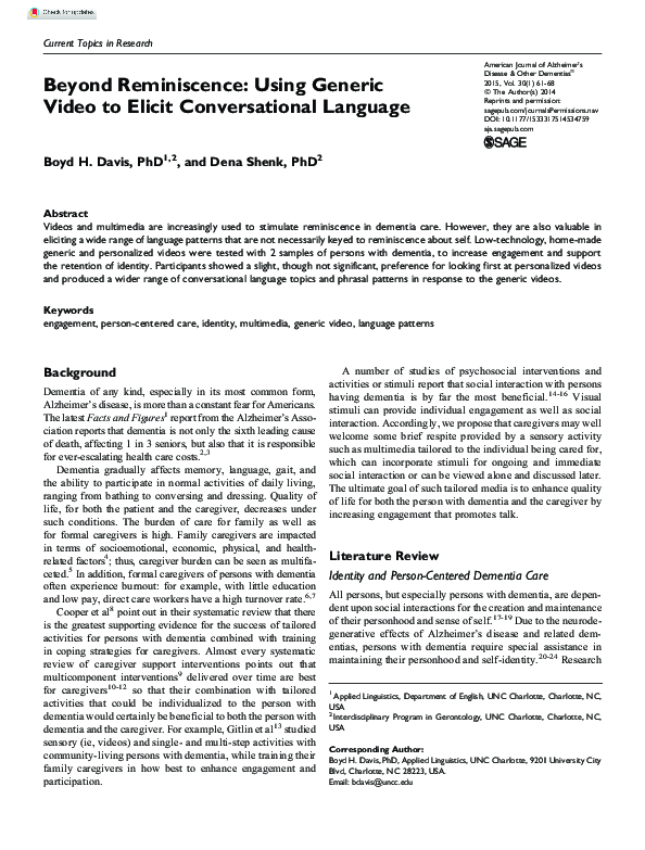 (PDF) Beyond reminiscence: using generic video to elicit conversational ...