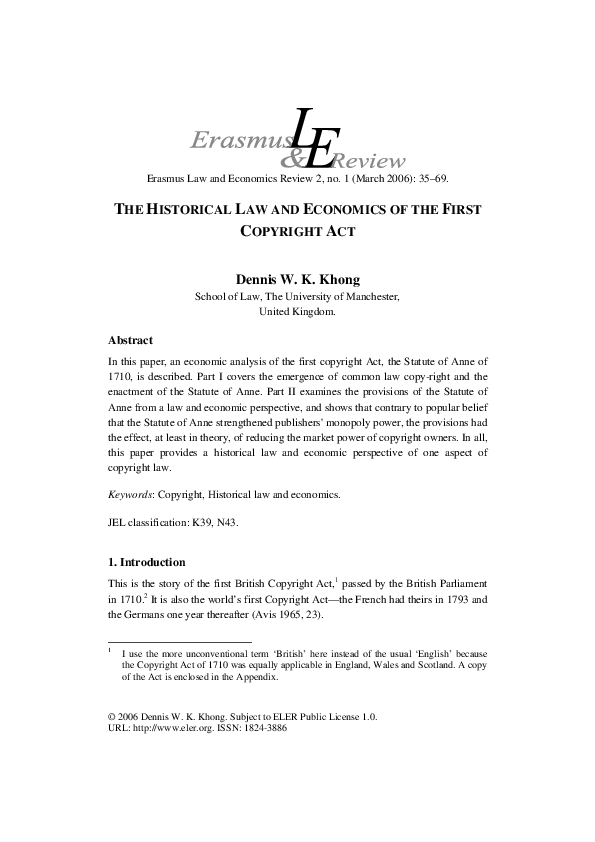 (PDF) The Historical Law and Economics of the First Copyright Act