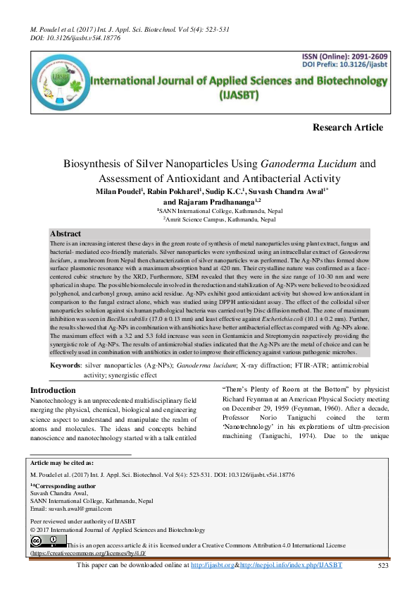 (PDF) Biosynthesis of Silver Nanoparticles Using Ganoderma Lucidum and ...