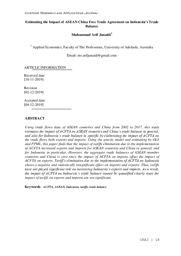 (PDF) Estimating the Impact of ASEAN China Free Trade Agreement on ...