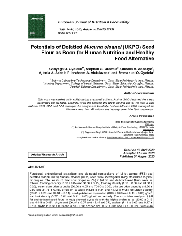 (PDF) Potentials of Defatted Mucuna sloanei (UKPO) Seed Flour as Boon ...
