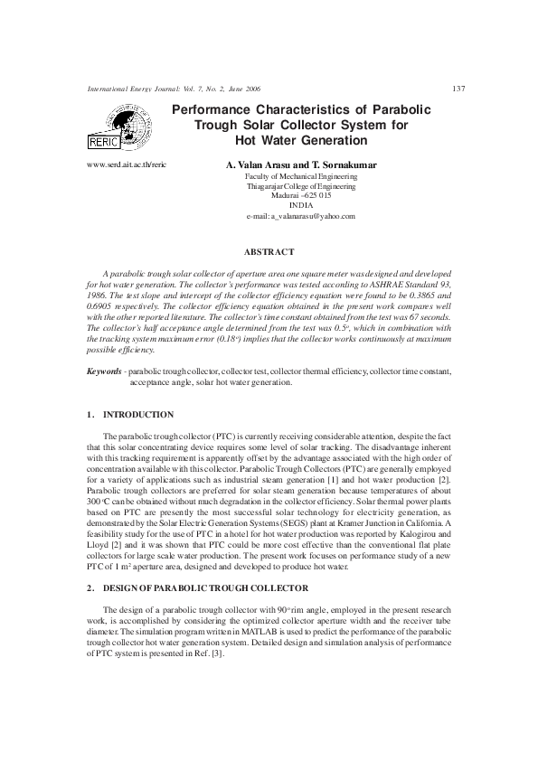 (PDF) Performance Characteristics of Parabolic Trough Solar Collector ...