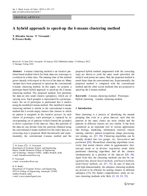 (PDF) A hybrid approach to speed-up the k-means clustering method