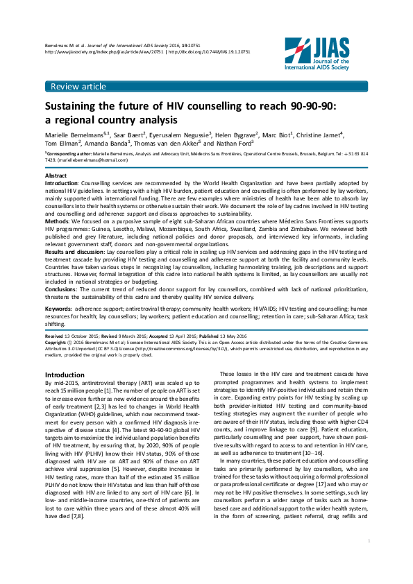 PDF) Sustaining the future of HIV counselling to reach 90-90-90: a regional  country analysis | Amanda Banda - Academia.edu