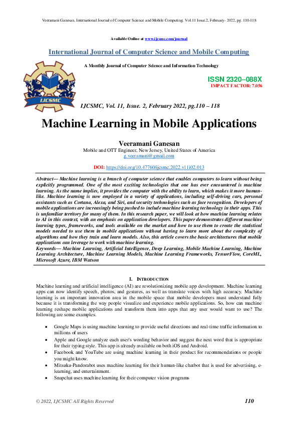 (PDF) Machine Learning in Mobile Applications