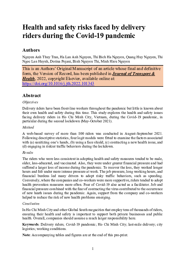 (PDF) Health and safety risks faced by delivery riders during the Covid ...