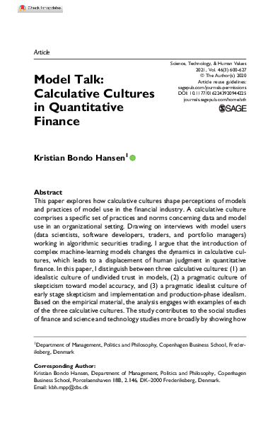 (PDF) Model Talk: Calculative Cultures in Quantitative Finance