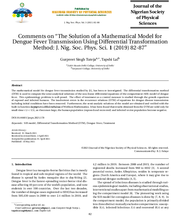 (PDF) Comments on “The Solution of a Mathematical Model for Dengue ...
