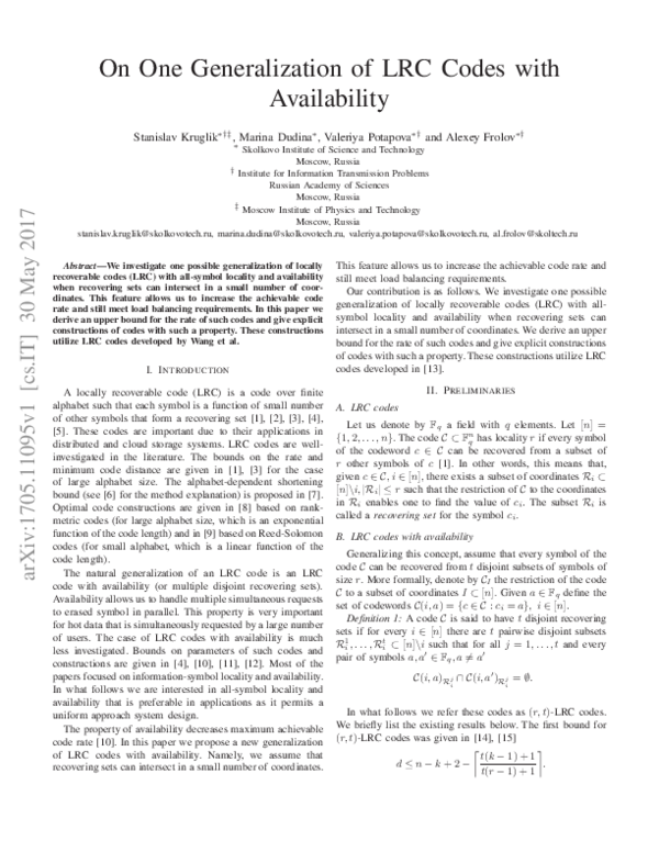 (PDF) On one generalization of LRC codes with availability