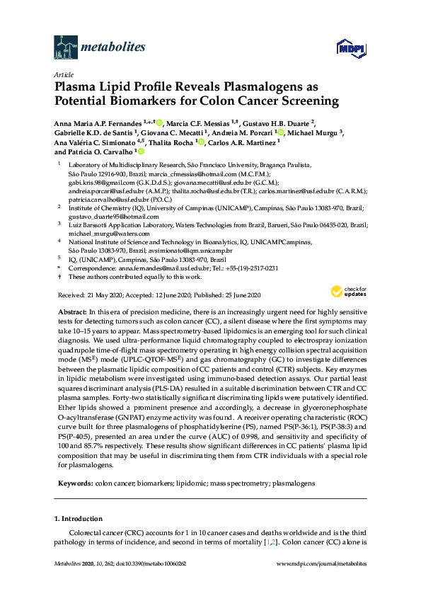 (PDF) Plasma Lipid Profile Reveals Plasmalogens as Potential Biomarkers ...