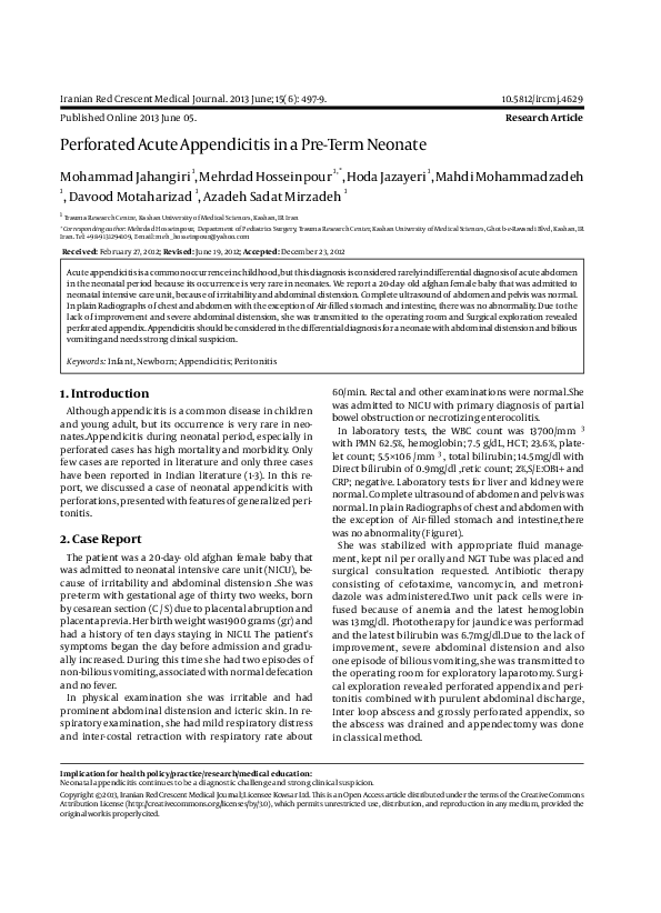 (PDF) Perforated Acute Appendicitis in a Pre-Term Neonate