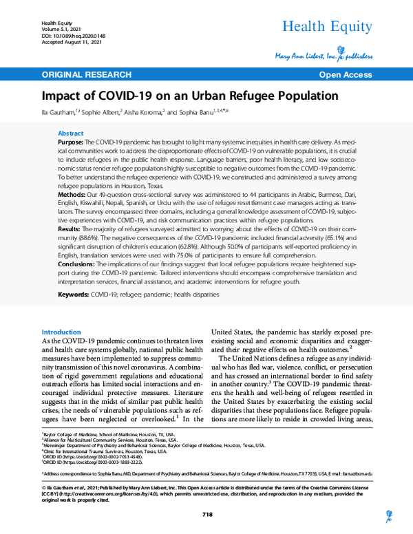 (PDF) Impact of COVID-19 on an Urban Refugee Population