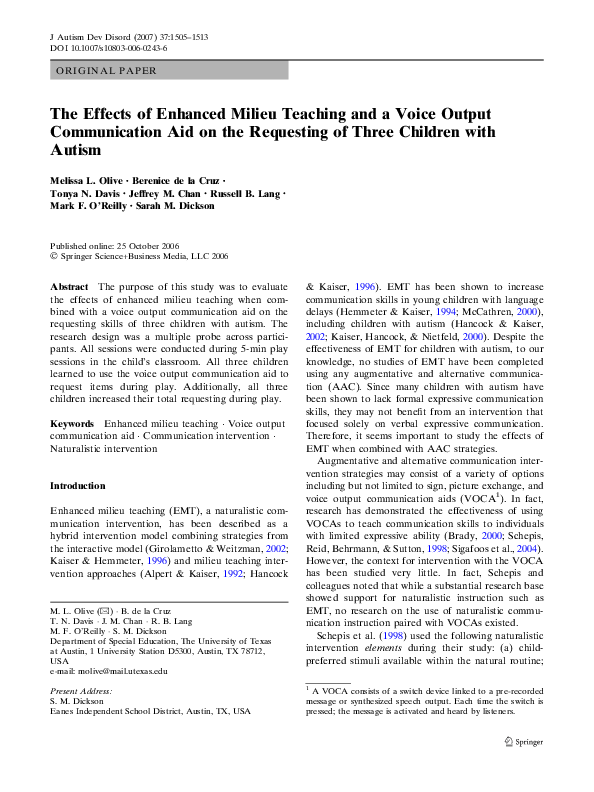 (PDF) The effects of enhanced milieu teaching and a voice output
