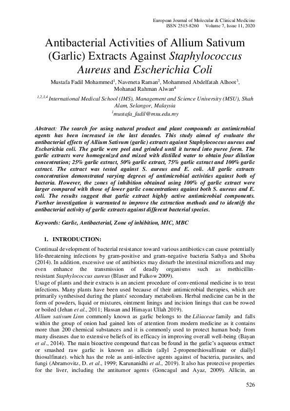 (PDF) Antibacterial Activities of Allium Sativum (Garlic) Extracts Against Staphylococcus Aureus
