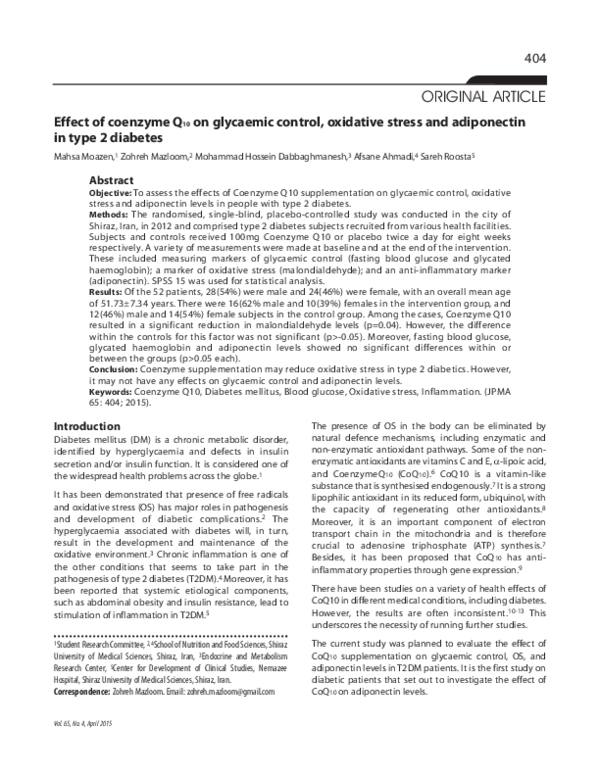 (PDF) Effect of coenzyme Q 10 on glycaemic control , oxidative stress ...
