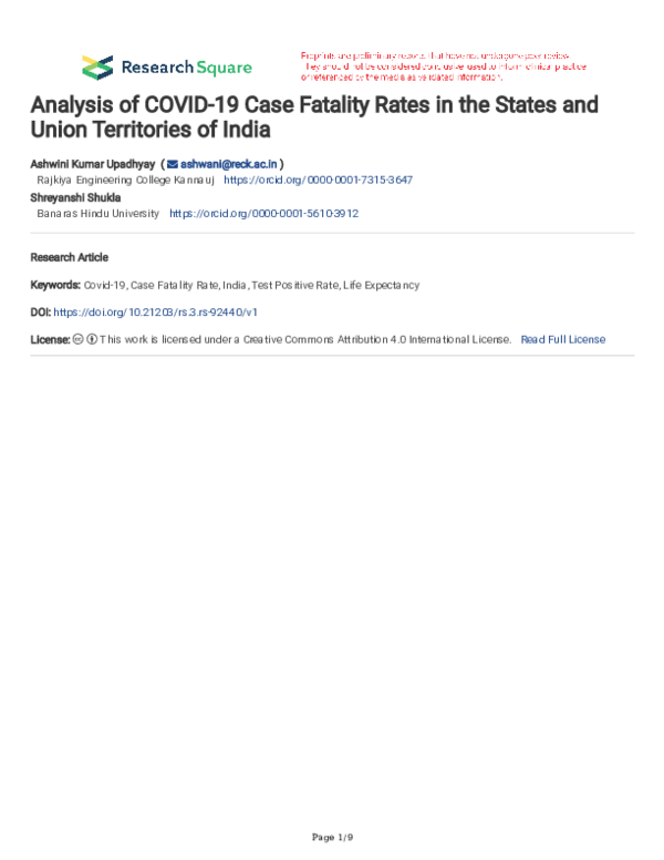 (PDF) Analysis of COVID-19 Case Fatality Rates in the States and Union ...